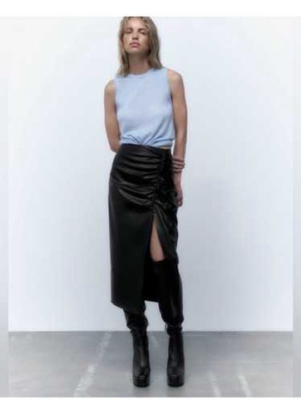 Zara Black Ruched Side-Slit Midi Skirt